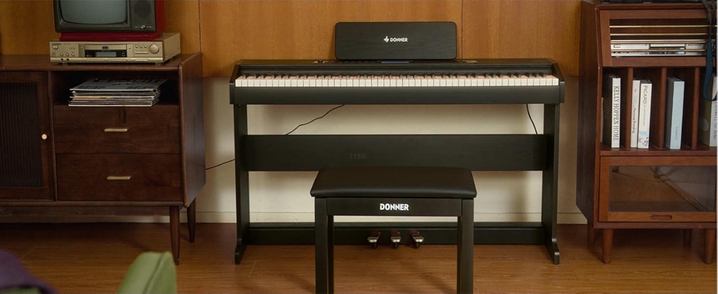 Цифрове піаніно Donner DDP-95 для початківців з 88 важними клавішами, підключення Bluetooth, LCD дисплеєм 11*5 см, 610 тембрів, 600 ритмів, 3 навчальні режими, чорний колір