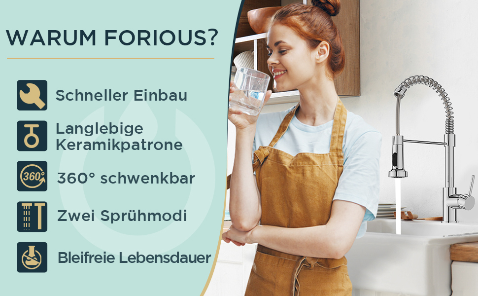 Кран кухонний FORIOUS з високим вигином, висувною лійкою, 360° поворот, 2 режими, нержавіюча сталь (шліфована/полірована)