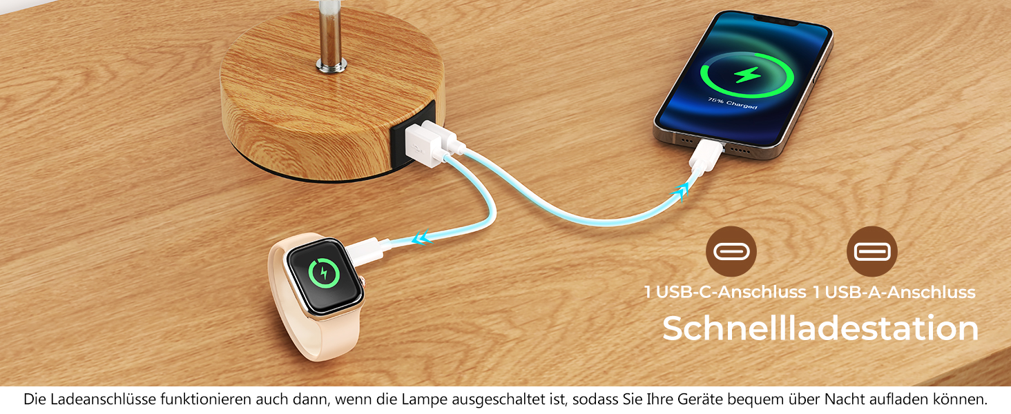 Настільна лампа Suright з торшером, сенсорне керування, диммування, USB A+C, тканинний абажур, дерев'яний цоколь, для спальні/вітальні (LED, 1 шт.) - бежева