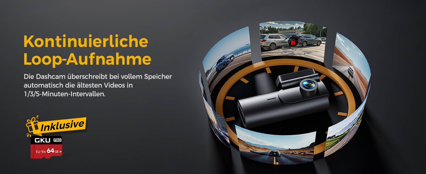 Відеореєстратор GKU Dashcam Auto: 4K+1080P, WiFi 2.4/5GHz, SD 64GB, Паркувальний режим, Нічне бачення, WDR, 170° Кут огляду, G-сенсор, Циклічна запис, Керування через APP, Чорний