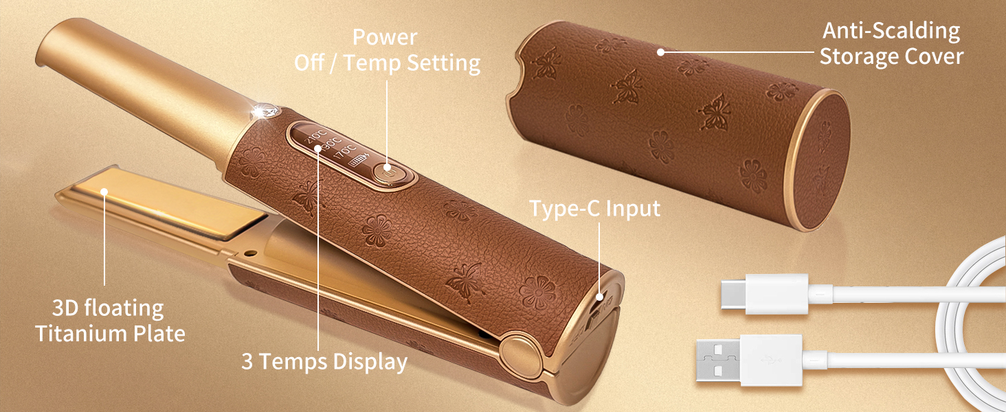 Бездротовий випрямляч для волосся 2-в-1 з акумулятором 5000mAh, міні-випрямляч для подорожей, випрямлення та завивання, портативний, швидкий нагрів 210°C/410°F, колір: коричневий, бренд: Urban Ol