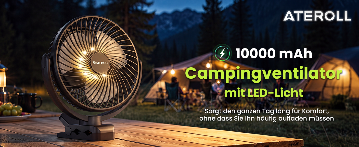 Вентилятор портативний Ateroll 10000mAh з кліпсою, USB, пульт ДУ, 3 швидкості, LED-підсвічування, обертання 360°, для дому, офісу, кемпінгу - Чорний