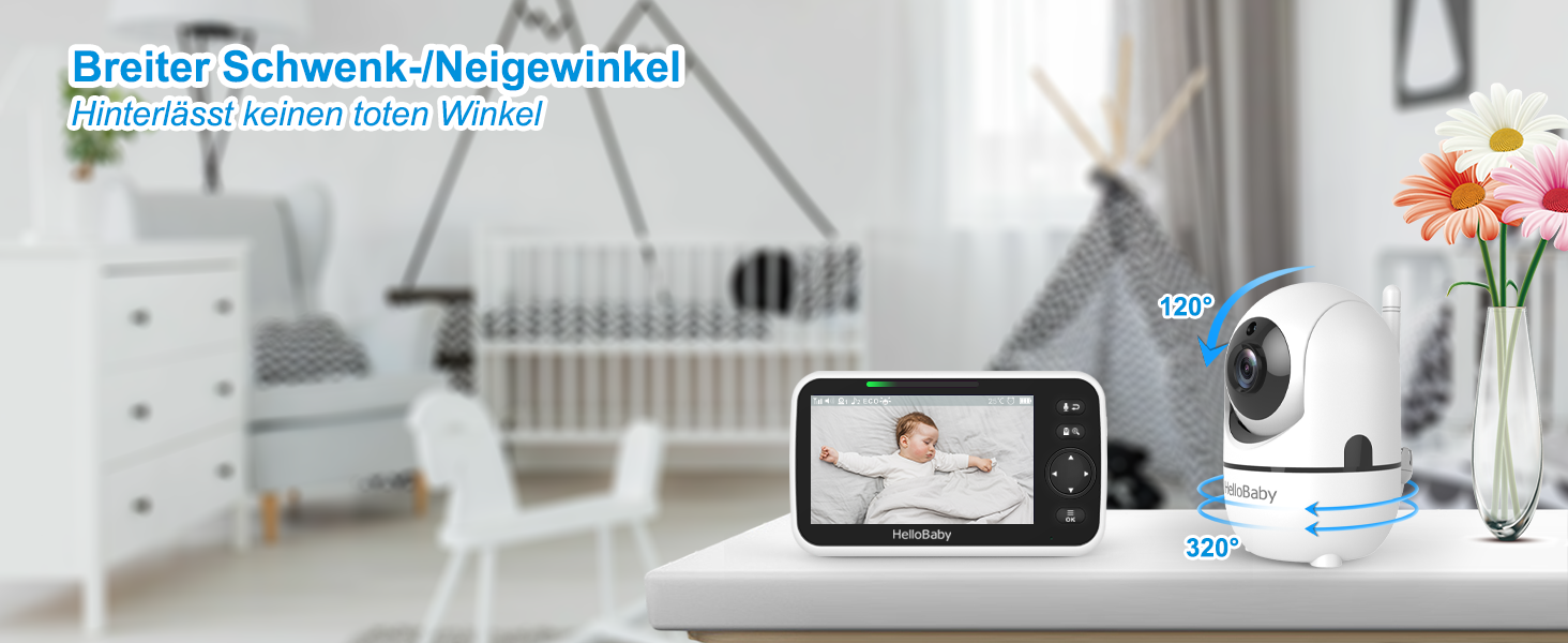 Дитячий відеоняня HelloBaby HB6550 з камерою, акумулятор 3500 mAh, 5-дюймовий екран, поворот 355°/нахил 120°, 2-сторонній аудіо, датчик температури, 8 колискових, нічне бачення