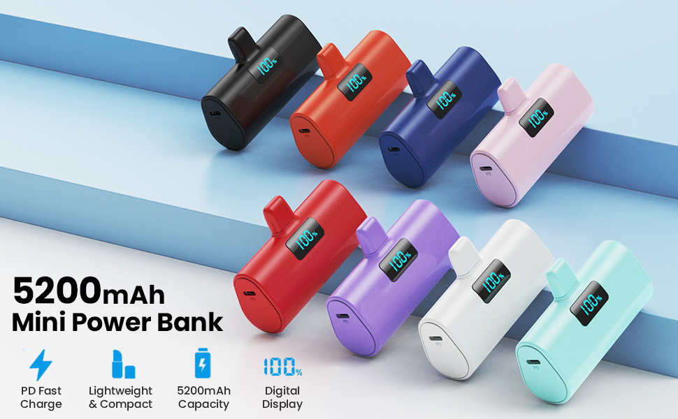 Міні-павербанк Klein 5200mAh з LCD-дисплеєм та USB-C PD, зовнішній акумулятор для iPhone, Samsung S25/S24, Huawei, iPad — Рожевий