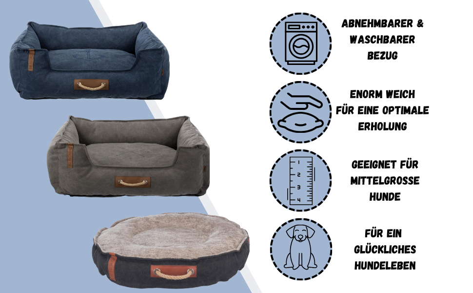 Кругле ліжко для собак TRIXIE Föhr, діаметр 70 см, чорний/пісочний колір, з ручкою для перенесення, м'яке та миється