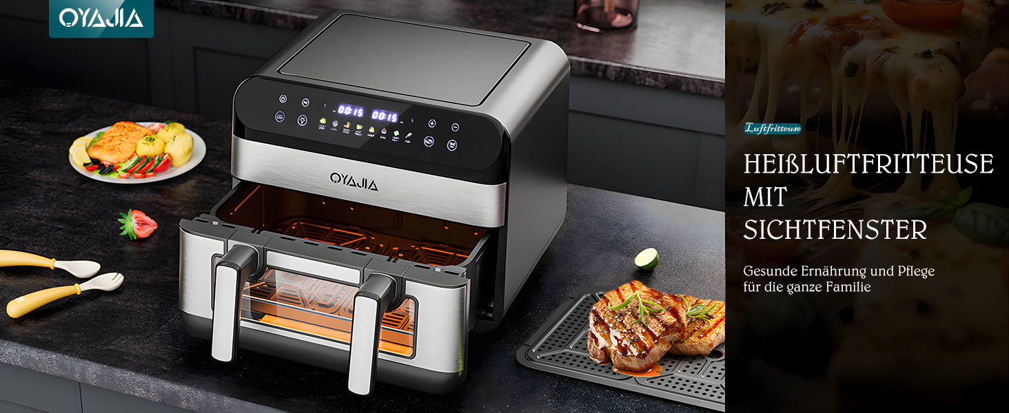 Фритюрниця повітряна з цифровим LED-дисплеєм, 10-в-1, 10 л. Зі скляним вікном, таймером та функцією здорового приготування без олії.