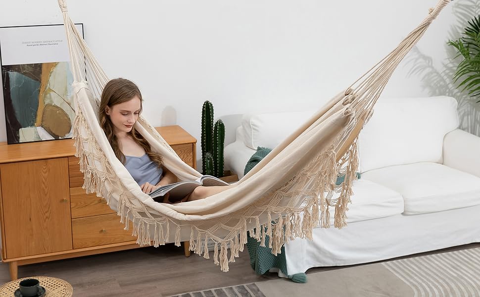 Гамак Boho для двох осіб, до 204 кг, з чохлом, бежевий, для саду, патіо, дому, вуличний