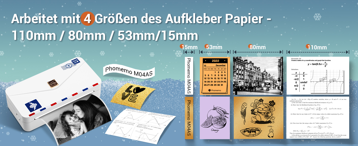 Phomemo Mini Drucker M04AS: компактний термальний принтер з Bluetooth для iOS та Android, 15/53/80/110 мм ширина друку, 300DPI, для документів, фото, етикеток