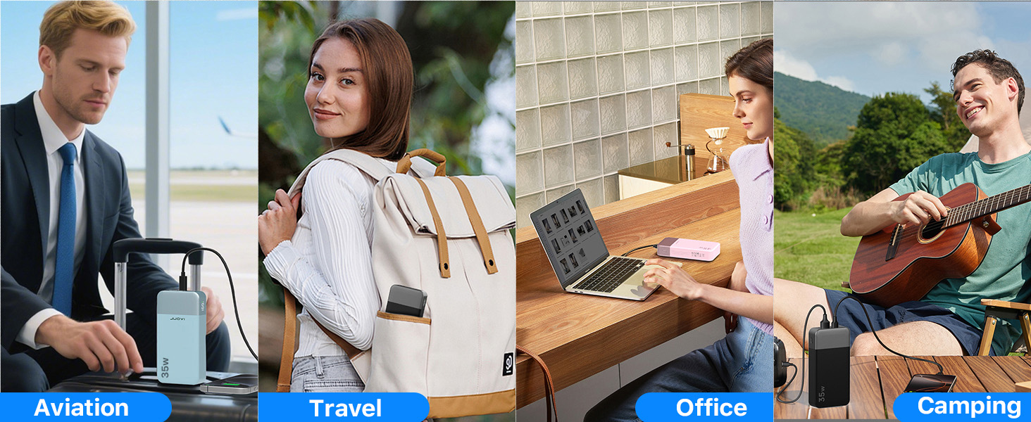 Powerbank JUOVI 20000mAh з LED дисплеєм: швидка зарядка 35W, 2 USB-C, 2 USB-A, PD 3.0, QC 4.0, синій