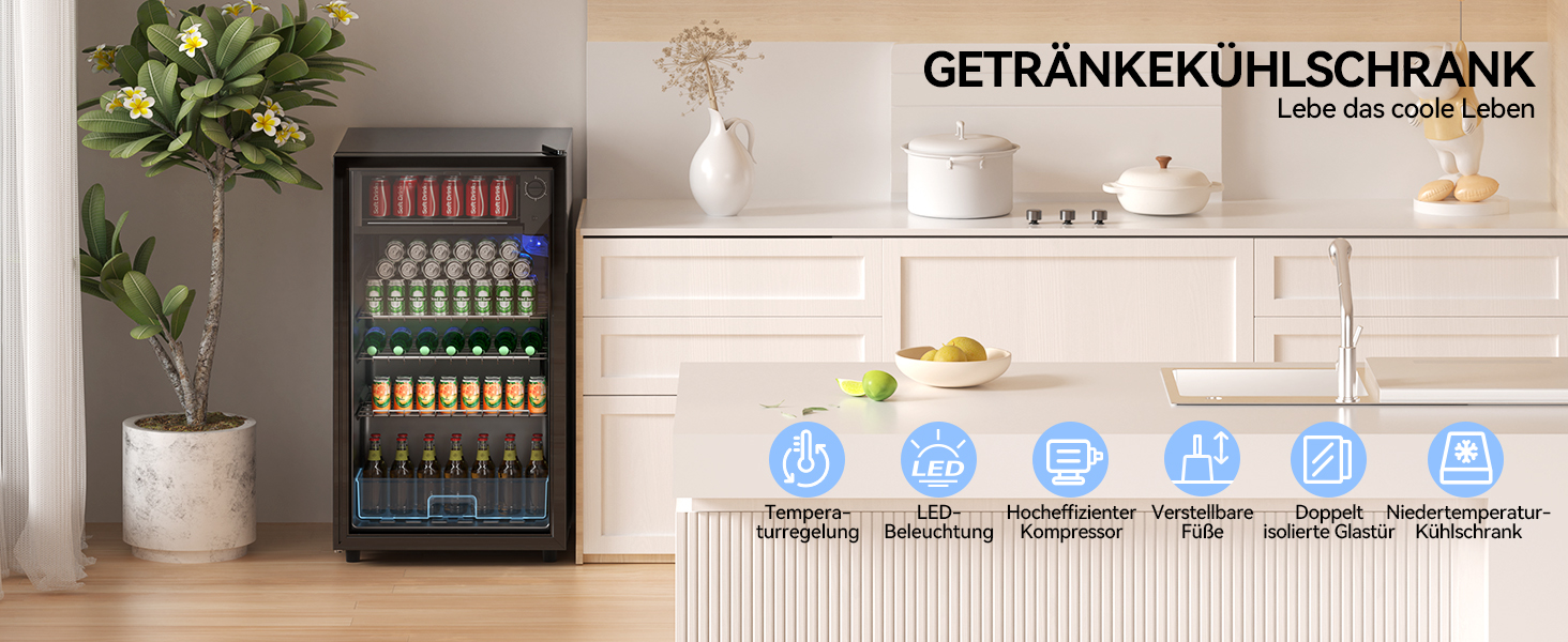Холодильник для напоїв на 85 літрів з скляними дверцятами та блакитним LED-підсвічуванням, 3 регульовані полиці для соди/пива/вина, ідеальний для дому та вечірок