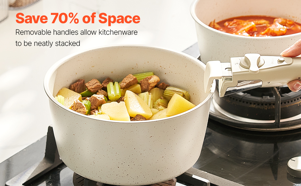 Каструля VEVOR з кришкою з термостійкого скла, антипригарна, індукційна, для кухні кемпера, приготування соусів та смаження (біла, зі знімною ручкою)