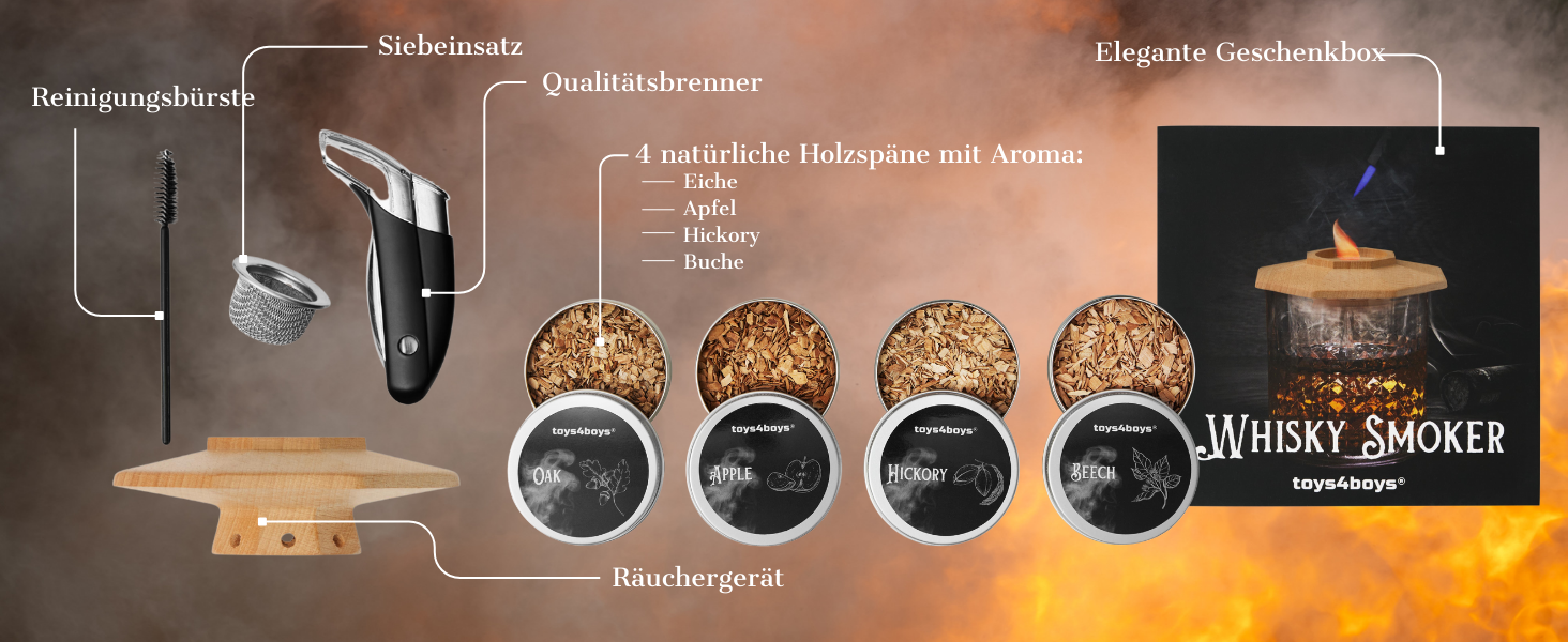 Набір для копчення віскі Toys4Boys - Преміум набір для копчення з дерев'яною кришкою, 4 арома-спіралі та запальничкою. Ідеальний подарунок для чоловіків. Набір для інфузії віскі без бутану, 4 арома-спіралі