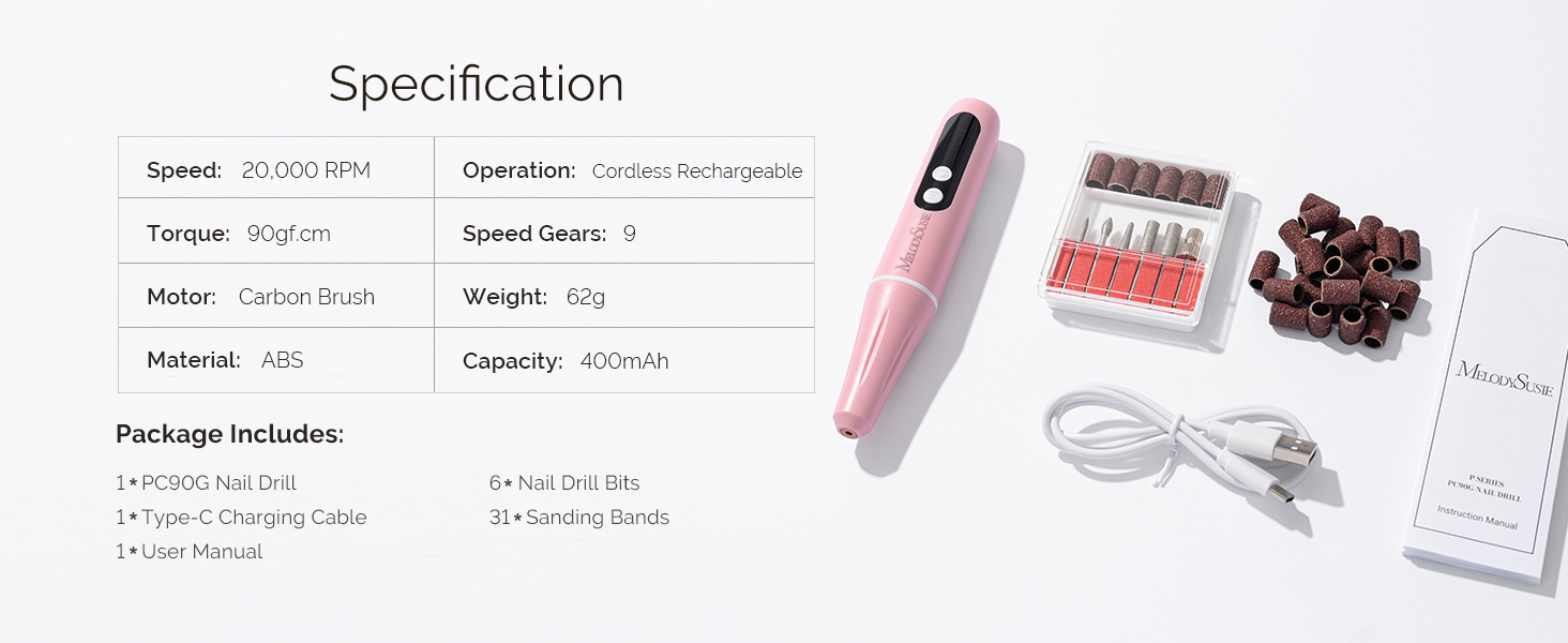 Електричний набір для манікюру MelodySusie PC90G: нагрівач для гелю та акрилу, 20000 об/хв, регулювання швидкості, рожевий