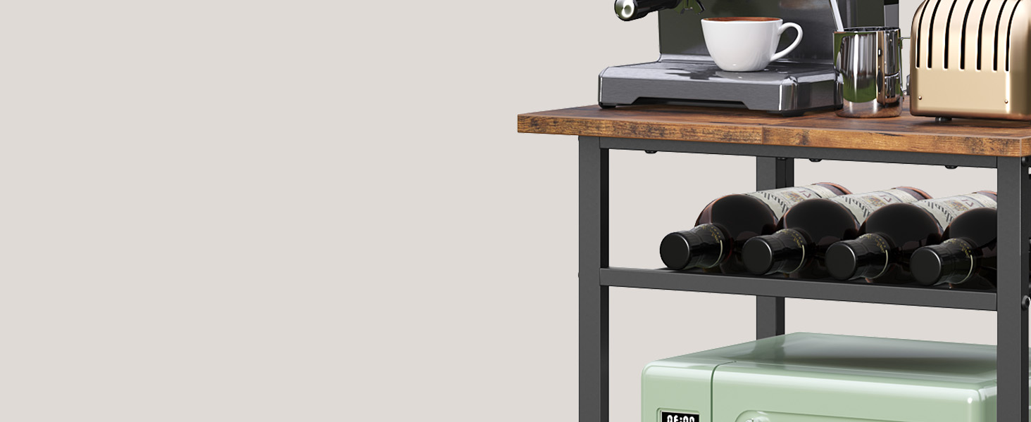 Стельова полиця з розетками, підлогова полиця, полиця пекаря, 35 x 48 x 135 см, 4 гачки S-подібної форми, станція для кавової бару з тримачем для пляшок та гачками, вінтажний коричневий та чорний колір ABRHR23UE01