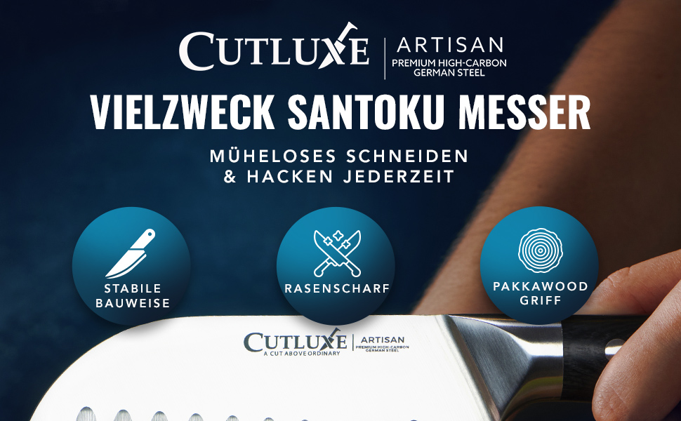 Ніж Cutluxe Santoku 13 см – універсальний ніж для риби, м'яса, суші. Виготовлений з німецької сталі, надзвичайно гострий, ергономічний дизайн