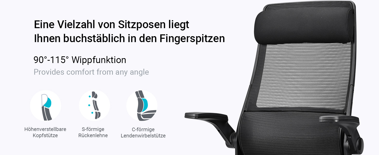 Ергономічне крісло для офісу з регульованою підголовником, офісне крісло з сітки, відкидні підлокітники, широке сидіння, функція гойдання, комп'ютерне крісло EN 1335, офісне крісло 200 кг, чорне