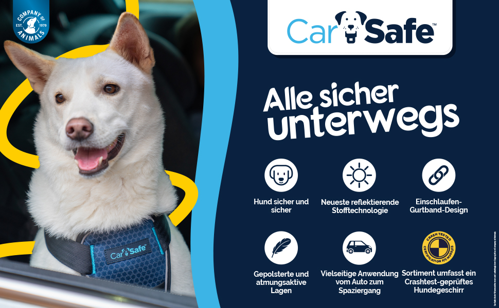 CarSafe: Безпечний автомобільний шлейка для собак, витримав краш-тест (до 32 кг), комфортний, для великих собак (розмір L), блакитний