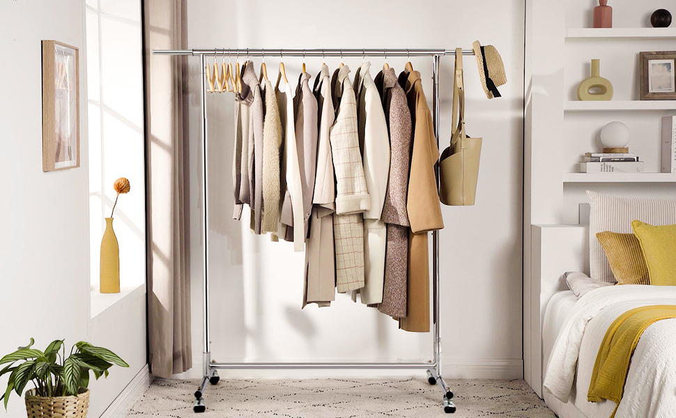 VOWNER Clothes Rack, Clothes Rail, Coat Rack, Rolling Garment Rack, Adjustable Height and Extendable, Adjustable Clothes Rod, (90-132) x 40 x (113-170) cm, Chrome-plated Metal