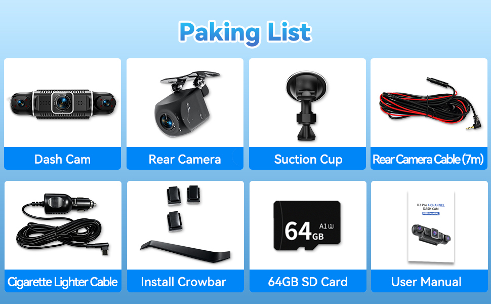 4-канальний автомобільний відеореєстратор 4K/1080P з 64GB SD-картою, 3