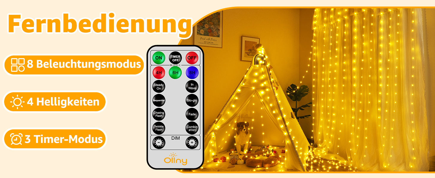 Льодосвітна штора Ollny для декорування фасаду 3x3м, 300 LED, 8 режимів, IP67, пульт, таймер, димування, для декору на Різдво, двері, стіни, вечірки, вікна, балкон (тепле біле світло)