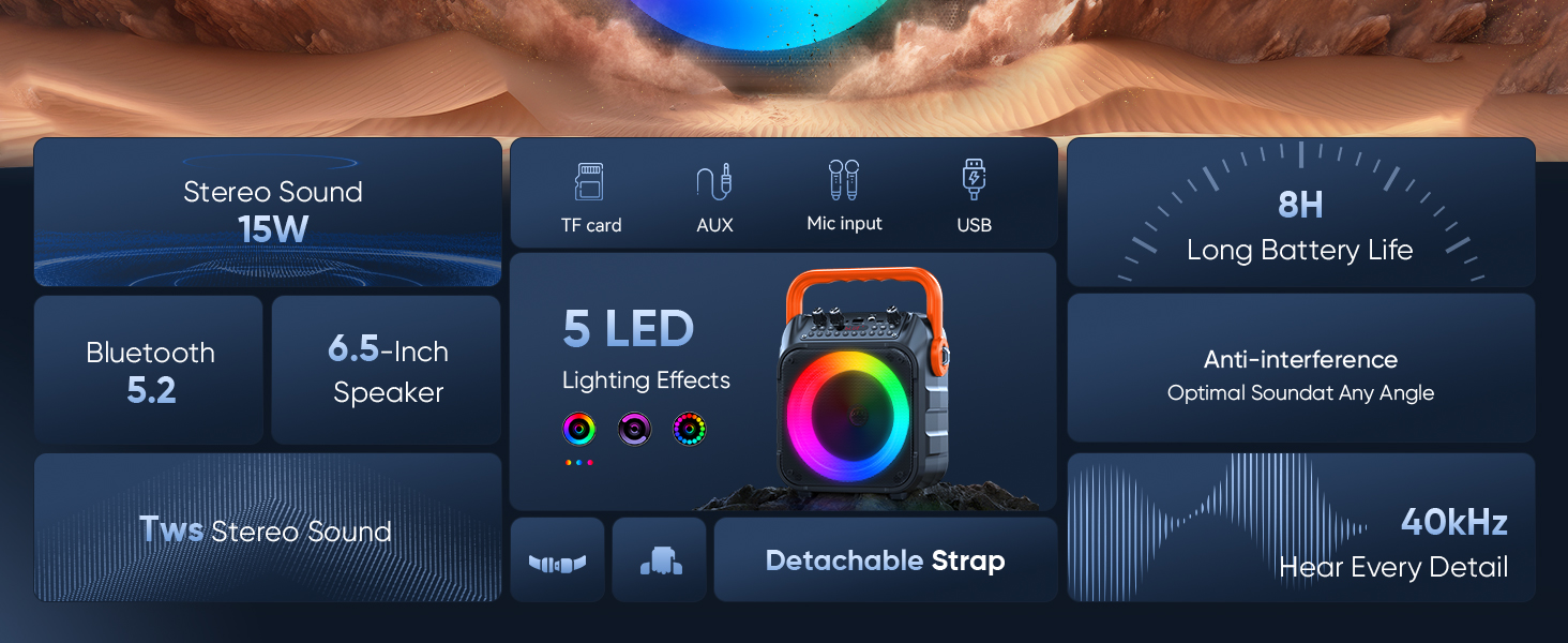 Wowstar Караоке Машина з 2 Мікрофонами, Портативна Bluetooth Колонка з Підсвіткою для Дорослих/Дітей, PA Комплект, Підтримка TF/USB, FM, Rec, AUX, TWS, для Вечірок (Помаранчевий)