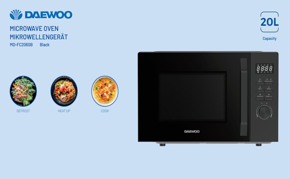 Мікрохвильова піч Daewoo MD-FC206SB 20L, 700W, чорний колір Solo