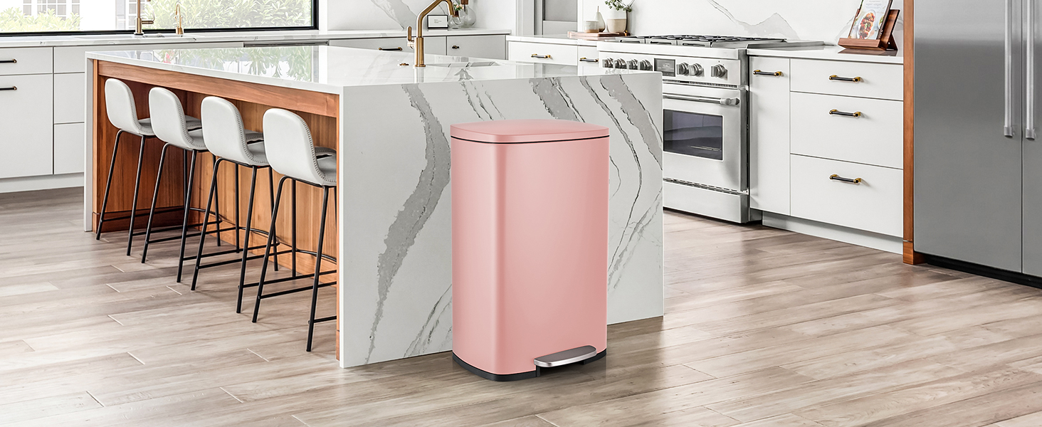 Відро для сміття LIFERUN 30л з кришкою, м'яким закриттям, з внутрішнім відром, сталеве, для кухні, ванної кімнати, офісу, рожеве