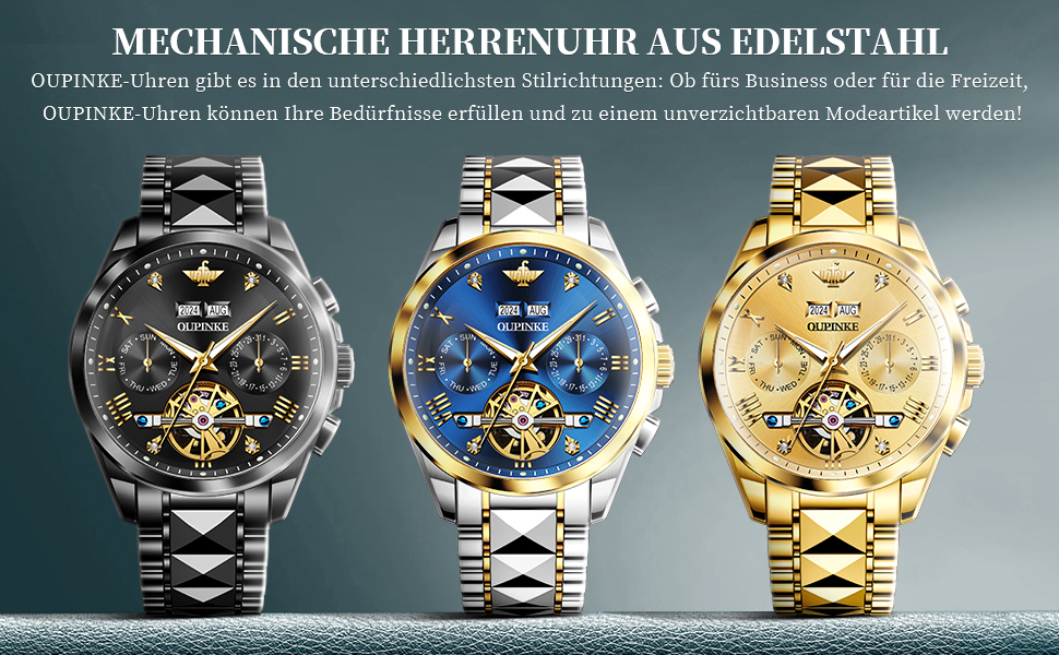 Чоловічий годинник OLEVS Automatik Skeleton Mechanical з автопідзаводом, люкс, з діамантами, сапфіровим склом, вологостійкий, браслет з вольфрамової сталі (3186 Чорний)