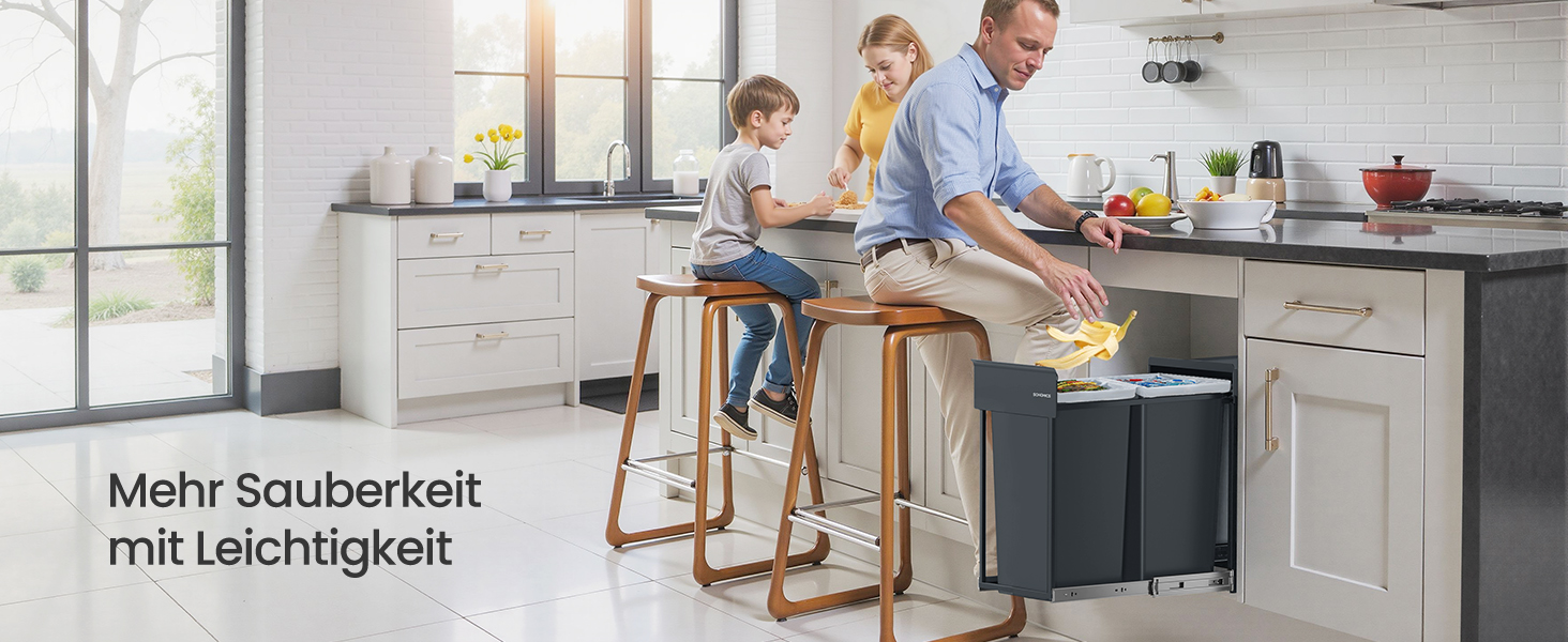 Відро для сміття SONGMICS для кухні з роздільним контейнером, 2 відсіки по 15 л, висувний, сталевий каркас, ABS-кришка (сірий)