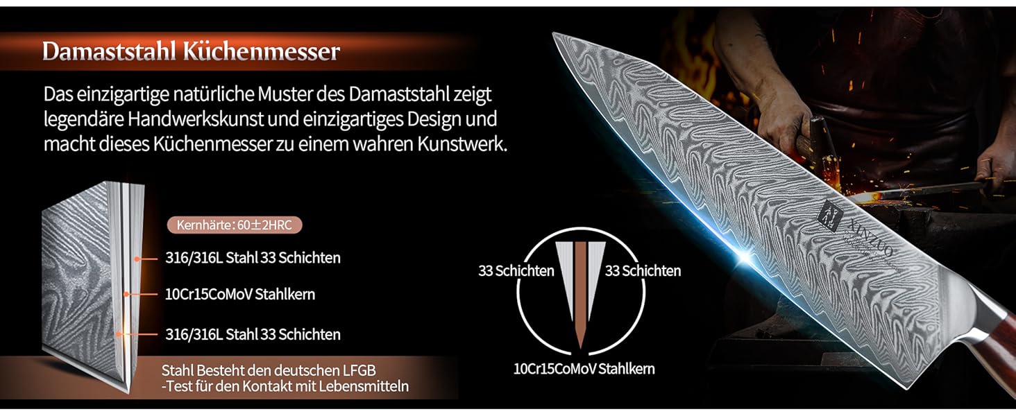 Ніж кухарський XINZUO Damaststahl Kiritsuke 21см, професійний, з ручкою з рожевого дерева, з магнітною підставкою