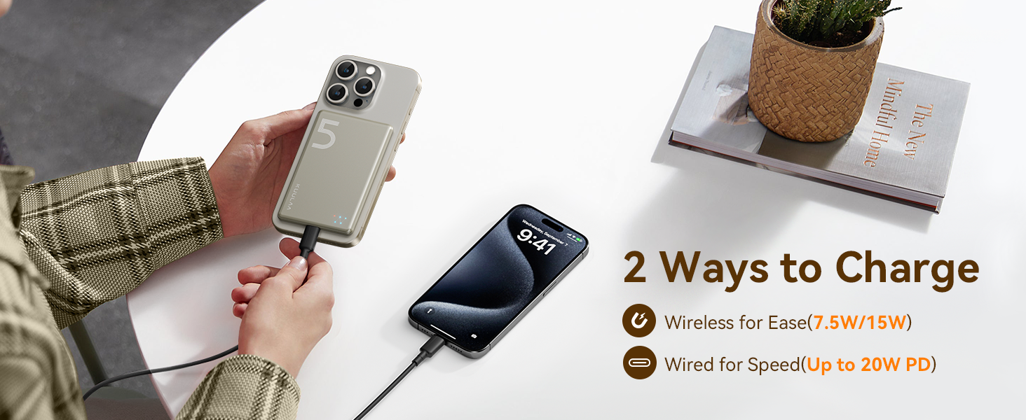 Power Bank Kuulaa Ultra Slim Magsafe, 5000mAh, Бездротова зарядка, Type-C, 20W, для iPhone 15/14/13/12 (Titanium)