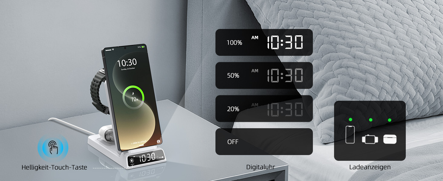 Бездротова зарядка для Samsung з годинником: станція для Galaxy S25 Ultra/S24/Z Fold 6/Flip 7/Bud, Watch, серій 8/7/6/5Pro, 3 в 1, сірий (білий)