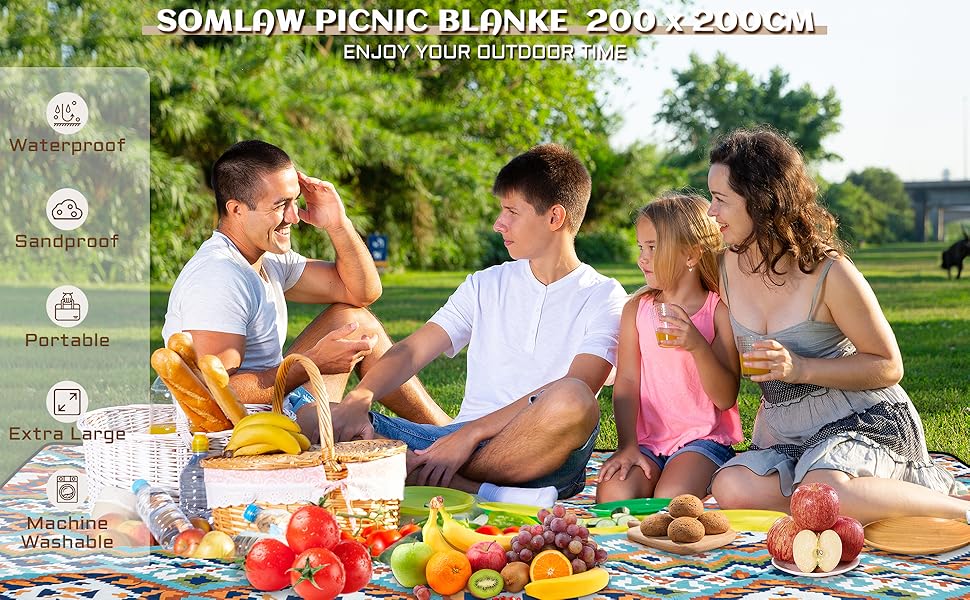 Килимок для пікніка SOMLAW вологостійкий, великий (200x200 см) для 4-6 осіб, з ручкою, Boho стиль, ідеальний для кемпінгу та пляжу
