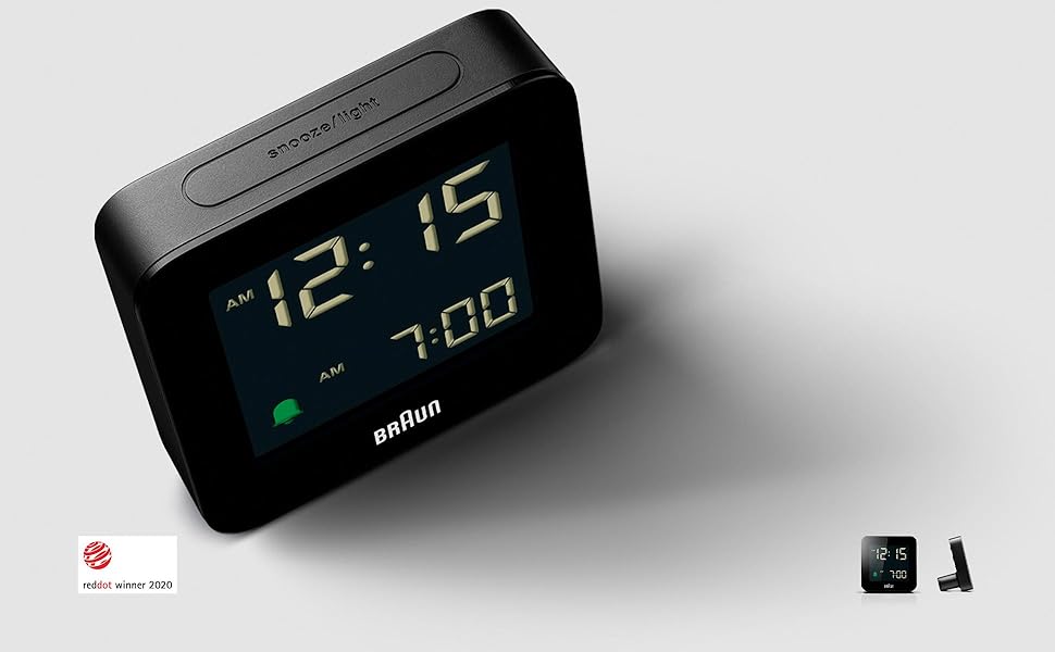 Цифровий будильник Braun BC09B з функцією сну, негативним LCD-дисплеєм, швидким налаштуванням і наростаючим сигналом, чорний