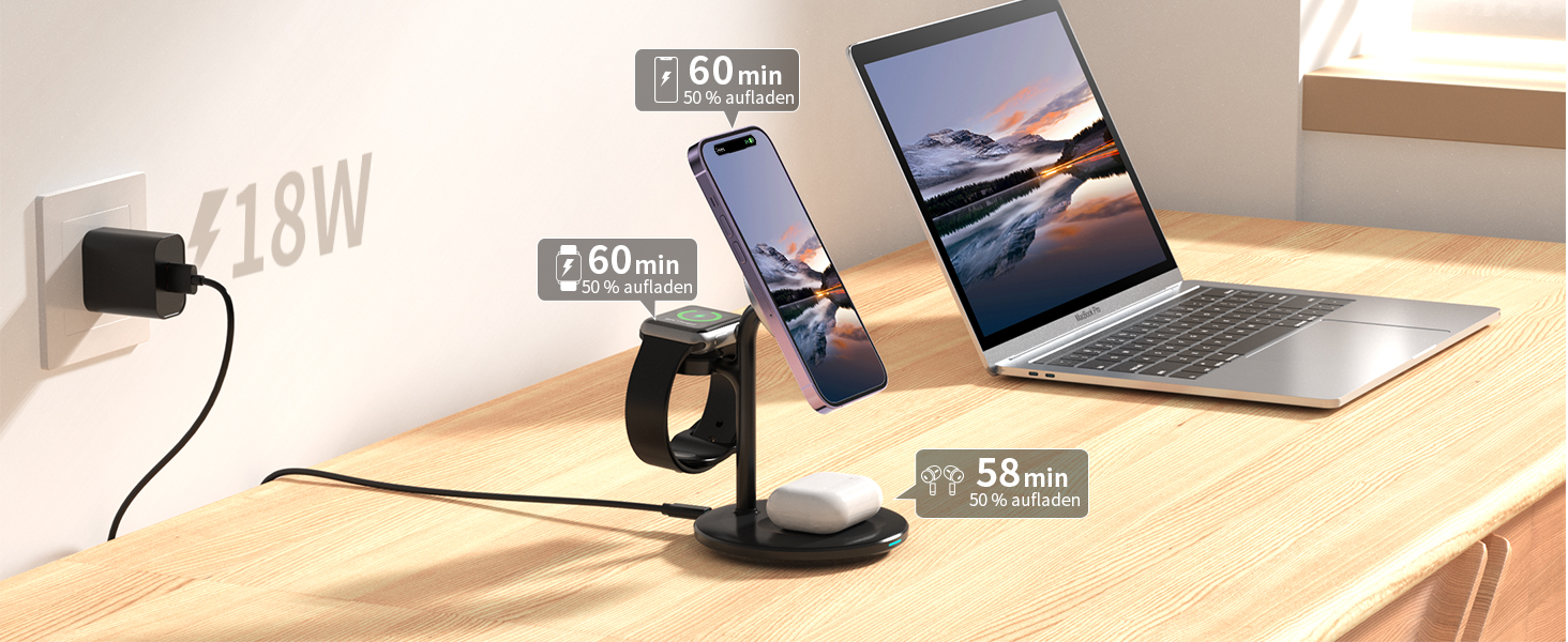 3-в-1 індукційна зарядка для декількох пристроїв, 15W MagSafe зарядка для iPhone 15/14, MagSafe зарядний пристрій для iWatch Ultra 2/1/Series 9/8, AirPods, білий/чорний