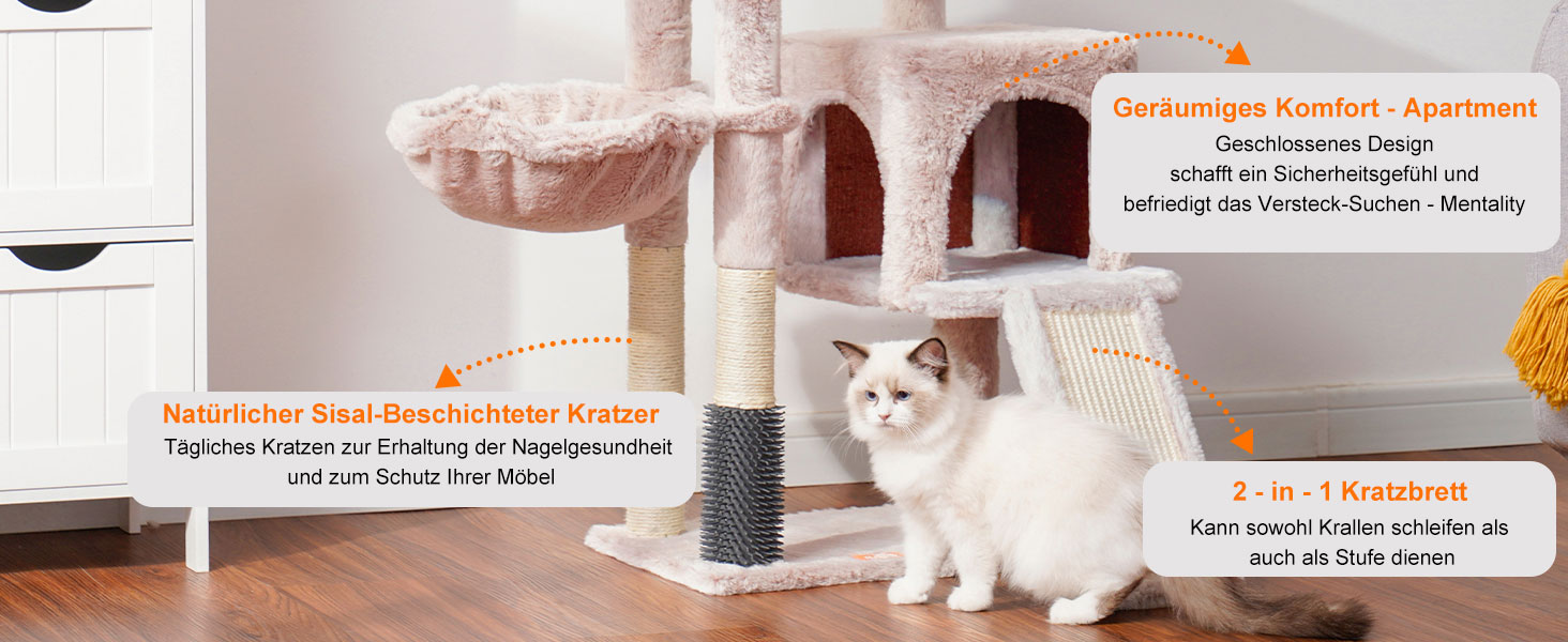 Котячий будиночок Heybly з щіткою для котів, котячий будиночок для домашніх котів з оббитою м'якою стійкою, котячий когтетоп з кошиком, когтеточкою та когтедровом, HCT005SG (коричнево-бежевий)