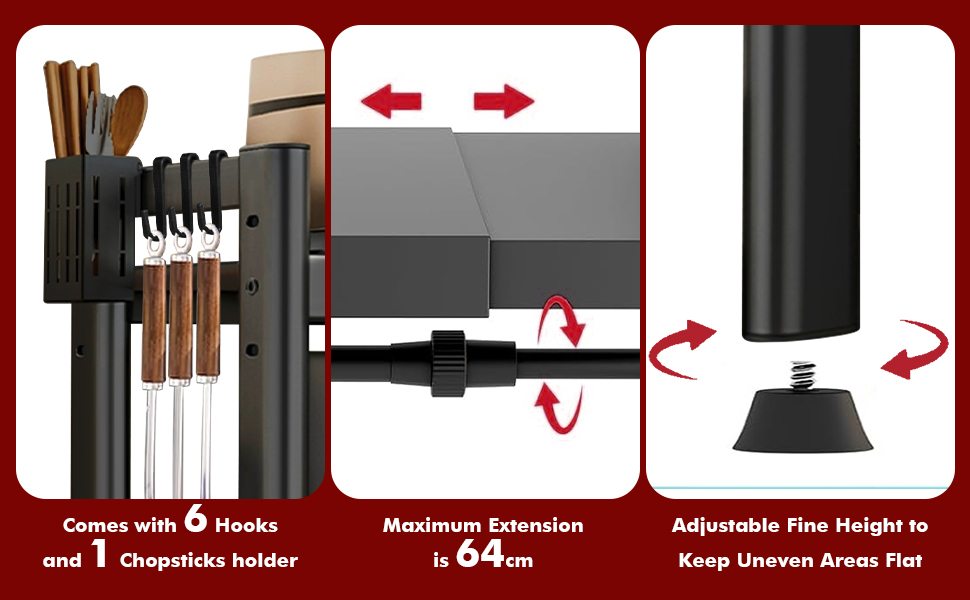Регульована підставка для мікрохвильової печі, 2-рівнева розширювана полиця для кухні, полиця для робочої поверхні, вуглецева сталь, полиця для мікрохвильової печі з 8 гачками, тримач для кухонного приладдя, чорний