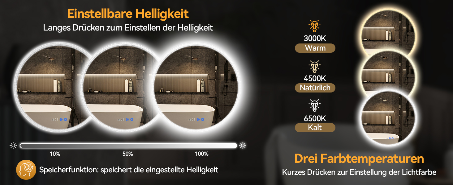 Дзеркало для ванної кімнати YOURLITE з підсвічуванням, 60 см, LED, сенсорне керування, 3 кольори, регулювання яскравості, протизапітніння, функція пам'яті, годинник, білий (сріблястий)