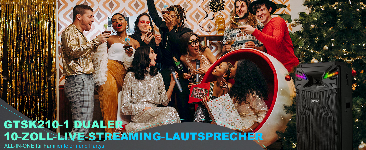 Bluetooth Караоке Машина DSP з 2 Мікрофонами та 2 × 10” Динаміками, Портативна PA-система для Дорослих та Дітей, USB-C Запис, Ефекти DJ, FM, Підтримка TV/Проектора GTSK210-1