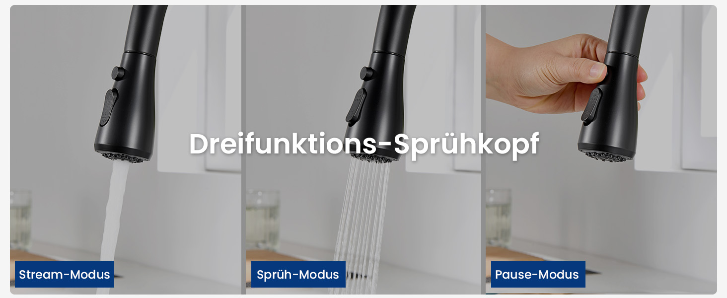 Кран кухонний CECIPA з 3 режимами, висувний, поворотний 360°, з високим виливом, з нержавіючої сталі, чорний