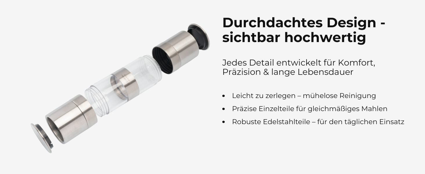 Мельниця для солі та перцю 2-в-1 з нержавіючої сталі | Ручна мельниця для спецій з керамічним жорном та регульованим ступенем помелу