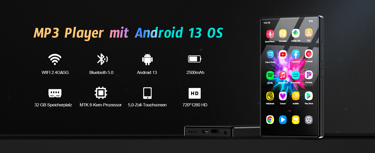 MP3 плеєр на Android 13 з 5-дюймовим HD екраном, 96 ГБ пам'яті, Bluetooth, WiFi, підтримка Spotify та Play Store, MP4 плеєр 1080P