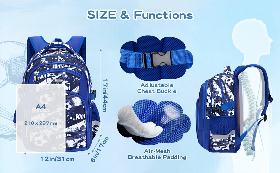 Дитячий рюкзак Cusangel для дівчаток та хлопчиків, ергономічний, регульований, водостійкий, з нагрудним ременем (синій, з футбольною тематикою)