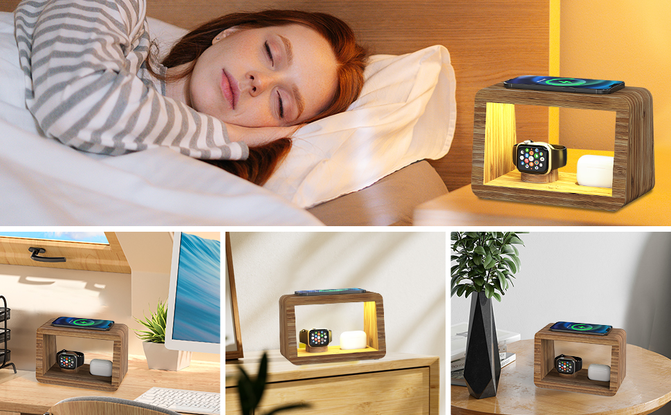 Багатофункціональна заряджна станція 5-в-1 з бездротовим зарядним пристроєм, світлодіодним нічником та годинником, бамбукова, сумісна з Apple Watch, AirPods, Samsung Galaxy та іншими пристроями