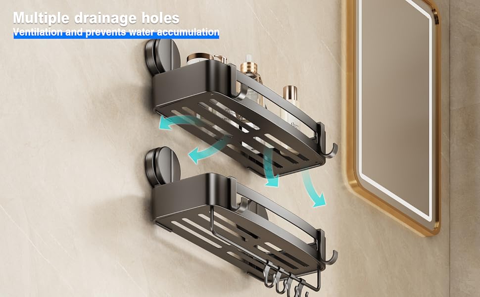 Поличка для душу без свердління, кутова поличка для ванної кімнати з присосками, корзина для душу з тримачем для рушників та знімними гачками (2 шт., сіра) (Прямокутна – 2 шт.)