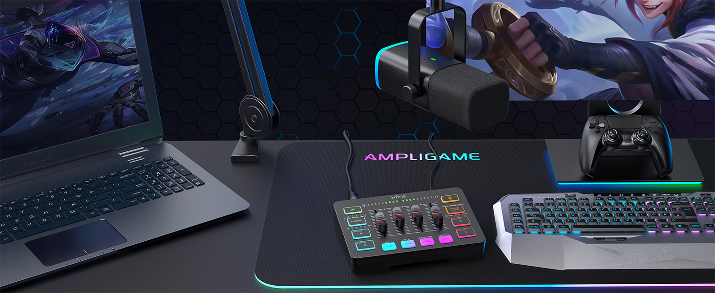 FIFINE ігровий аудіомікшер для ПК, RGB звукова карта для XLR мікрофона, аудіоінтерфейс для стрімінгу та музикантів, мікшерний пульт для геймерів і креаторів, індивідуальне керування, зміна голосу, чорний