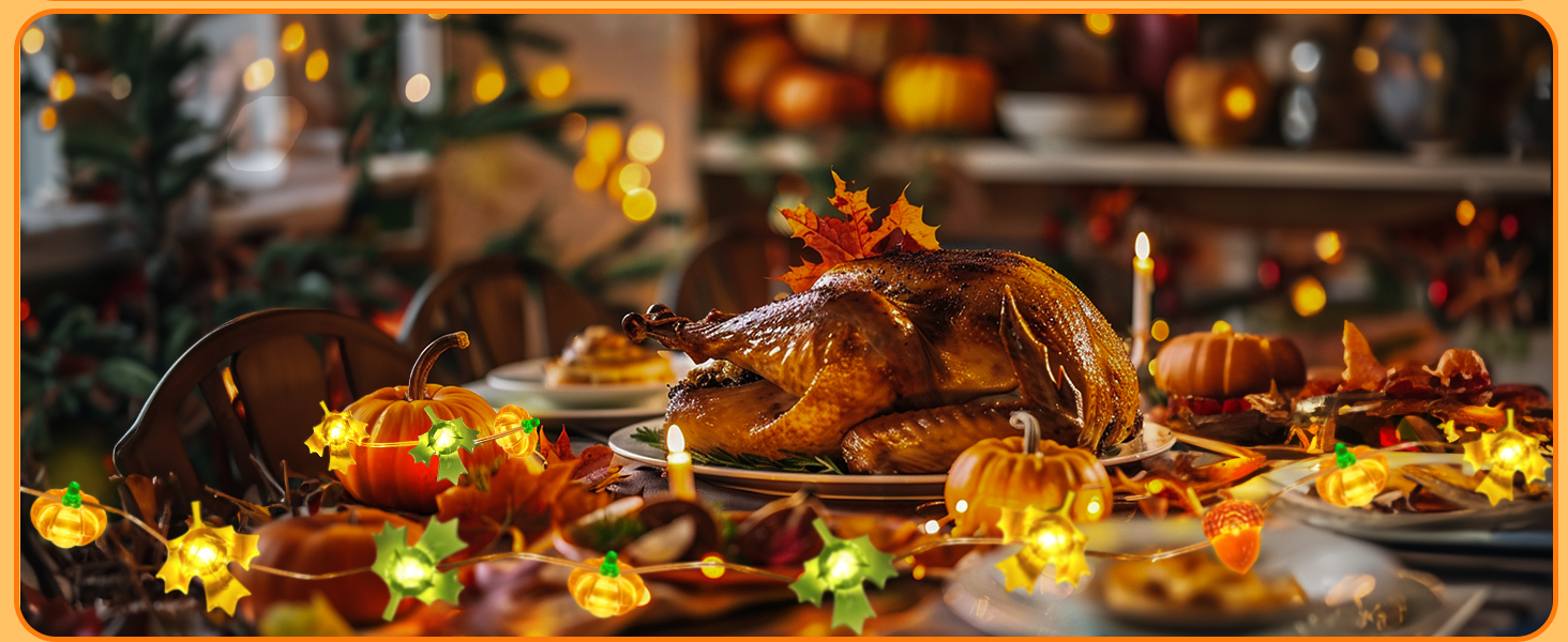 Льорочка декоративна LED, 3м, 30LED, з гарбузами, кленовим листям та жолудями для прикраси інтер'єру та екстер'єру, на батарейках. Ідеально для осіннього декору, Дня подяки, Хелловіну.