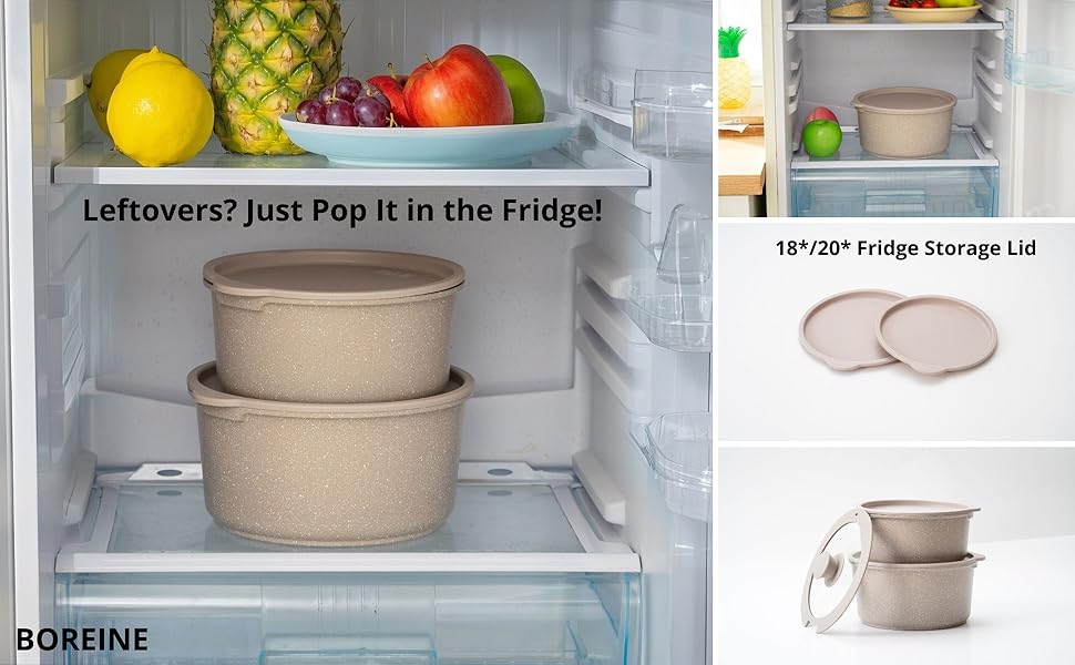 Набір посуду BOREINE 14 предметів: каструлі та сковороди з антипригарним гранітним покриттям (PFOA-free), знімні ручки, для всіх типів плит (індукція, склокераміка, газ, духовка), коричневий