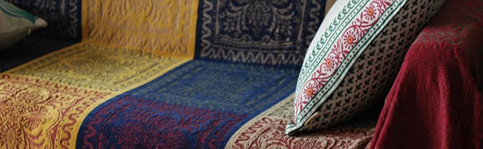 Плед ELEOPTION з мікрофібри Chenille, жакардовий з китицями, декоративний покривало для ліжка, дивану, крісла, народний етно орнамент, синій, 220x250 см
