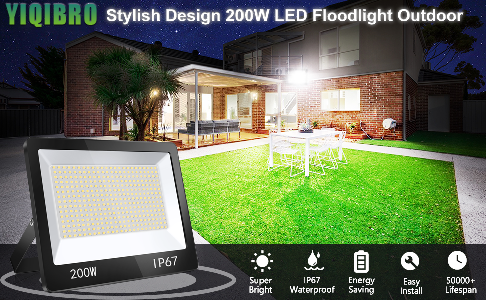 YIQIBRO LED прожектор для вулиці 200Вт*2, 10000Лм, IP67, холодне біле світло 6500K, водонепроникний, для складу, саду, гаража, двору, парковки